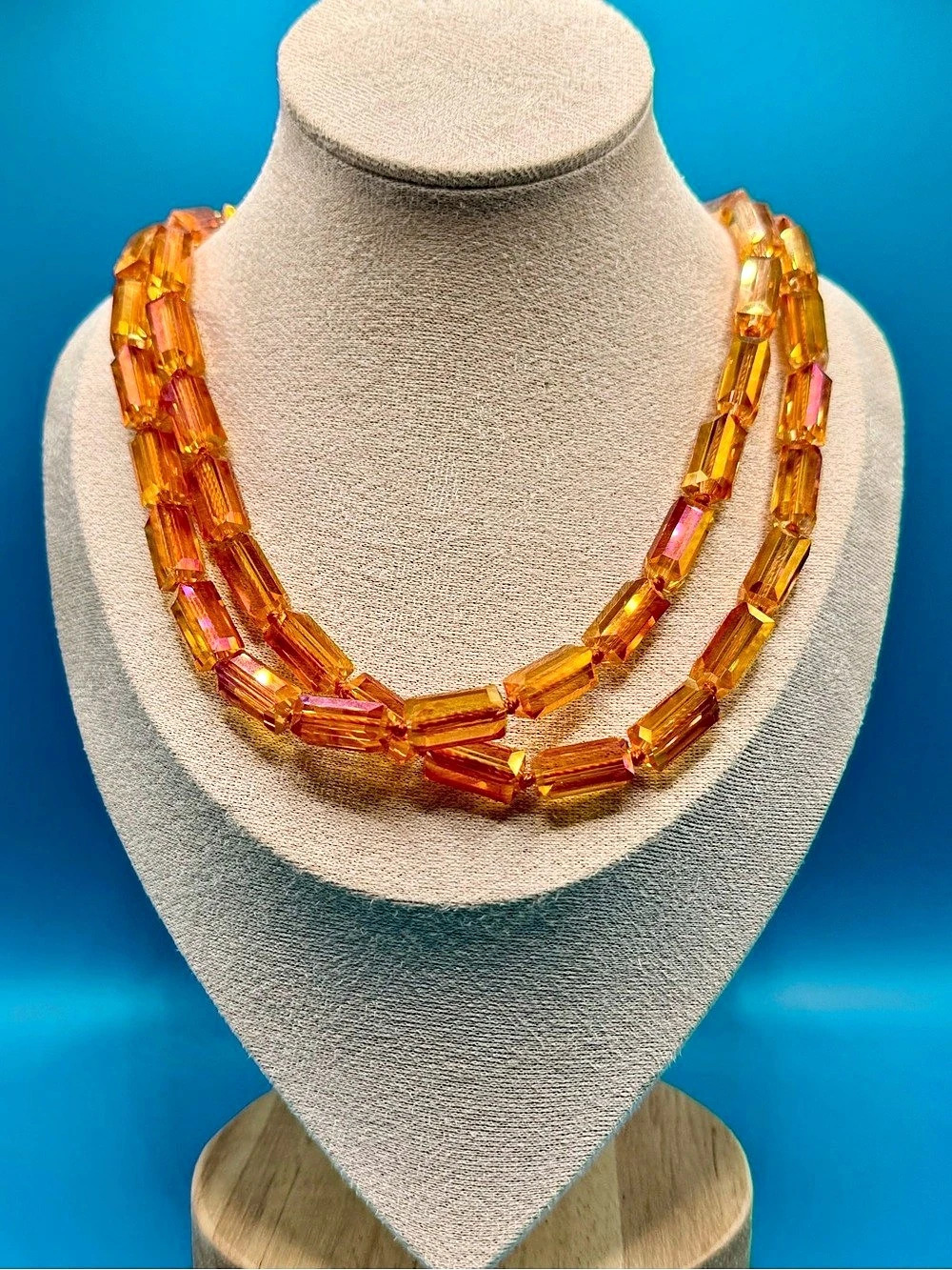 Vintage AB Emerald Cut Orange Glass Necklace - Violet, Pink, and Gold Hues